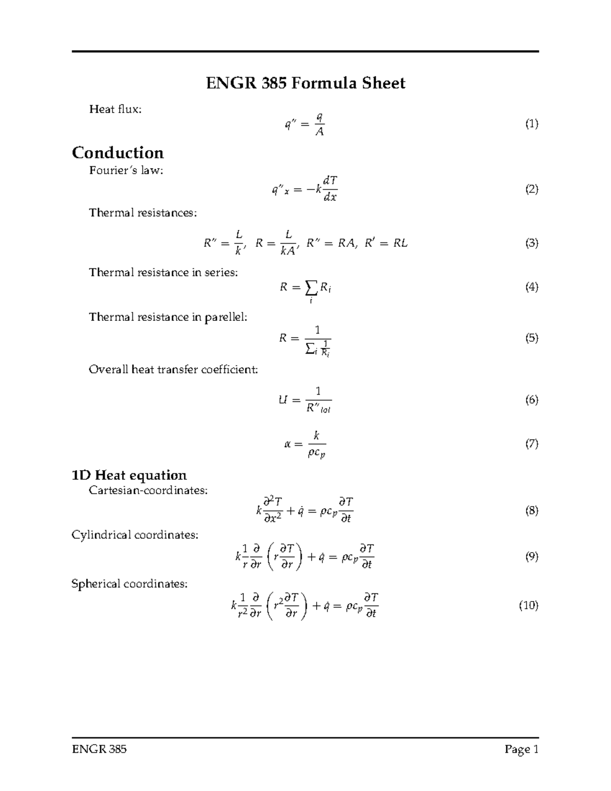 ENGR 385 Formula Sheet: Heat Transfer Principles and Equations - Studocu