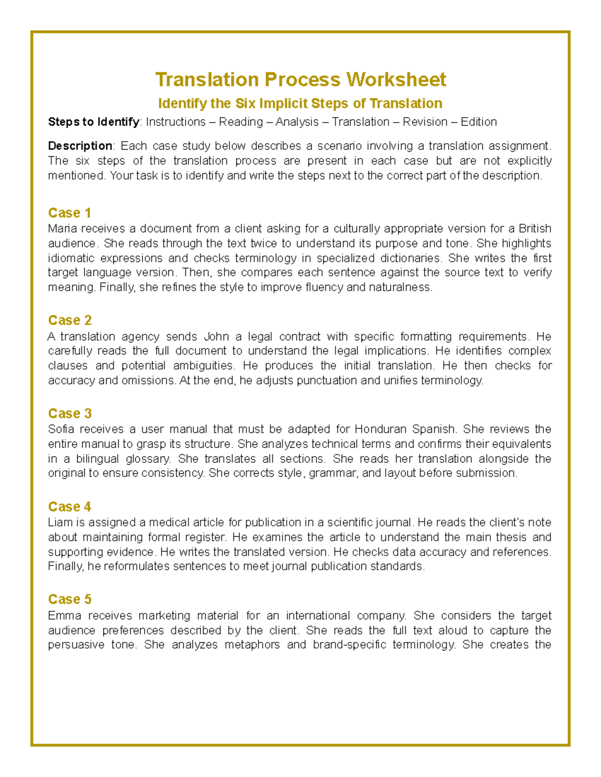 Translation Process Worksheet: Identifying 6 Implicit Steps - Studocu