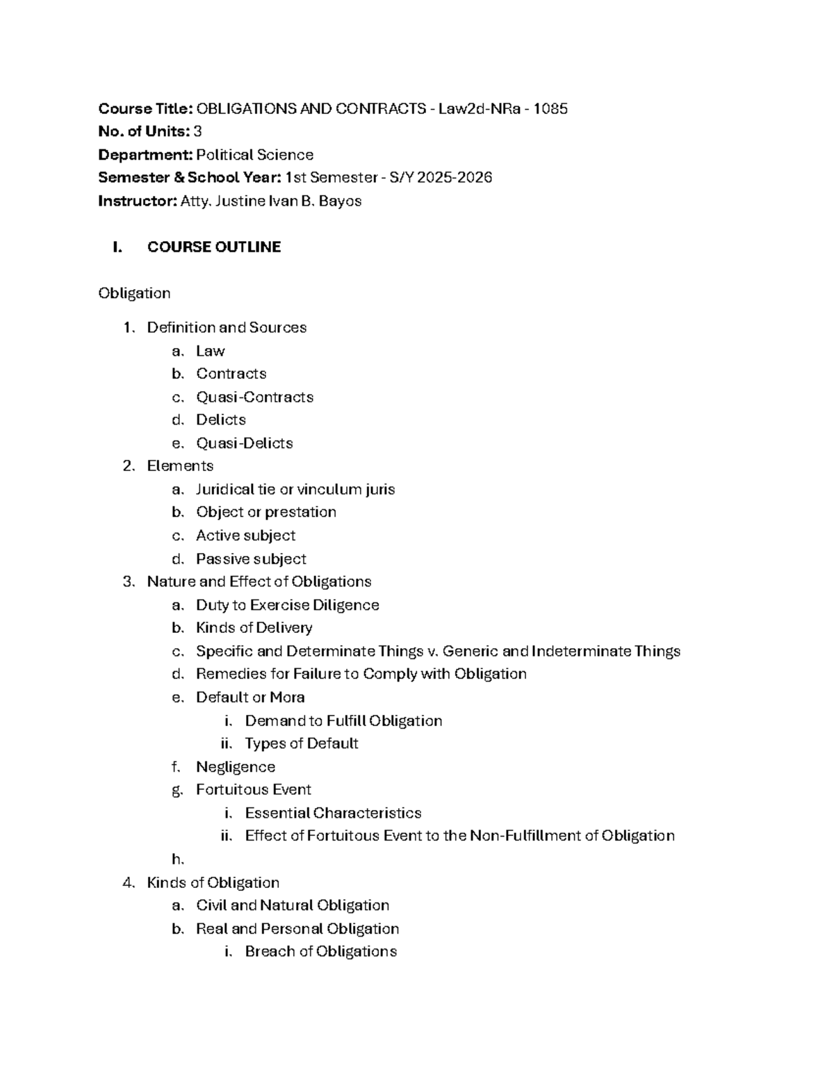 OBLIGATIONS AND CONTRACTS 1085: Course Outline Overview - Studocu