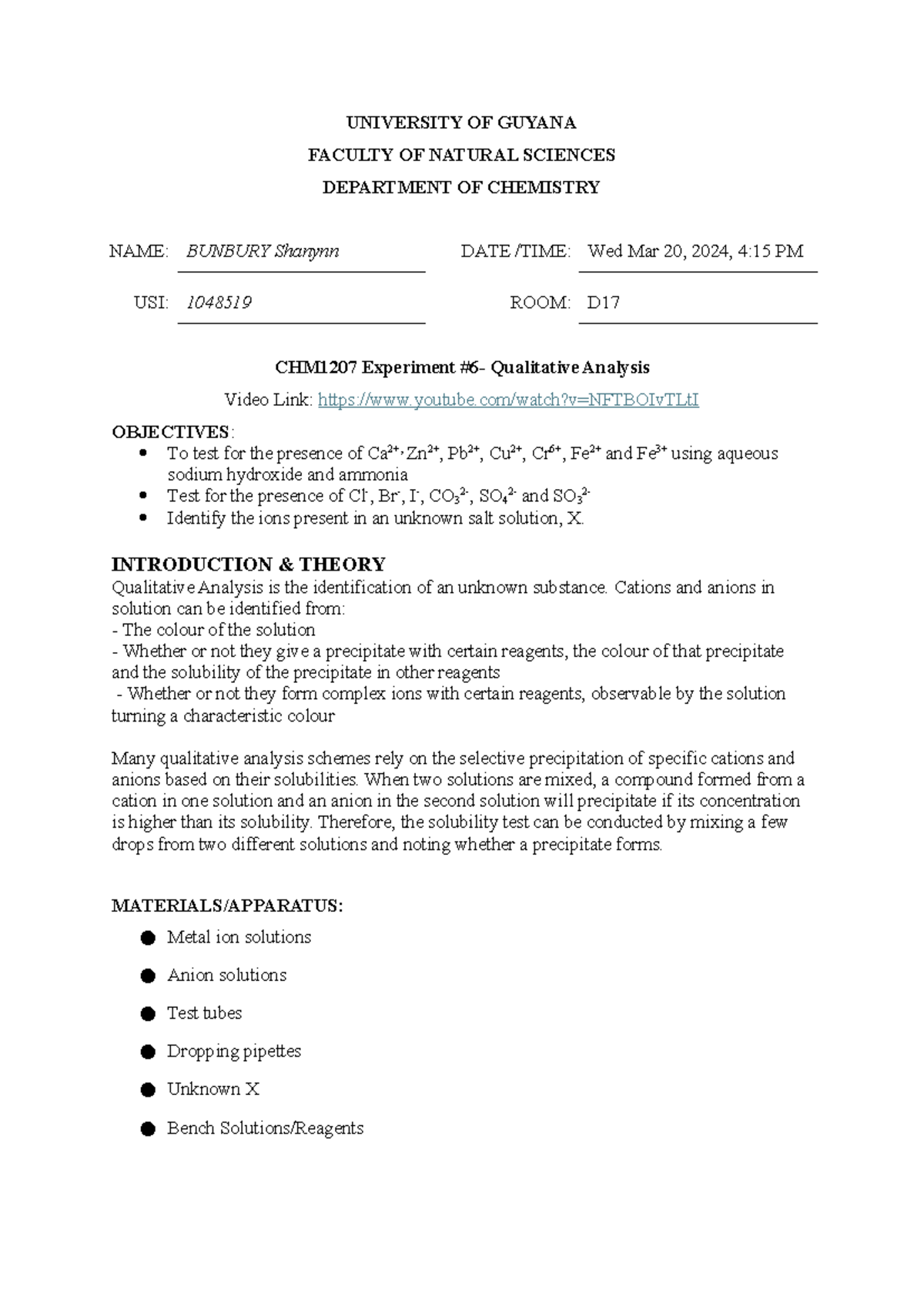 Qualitative Analysis Lab Report - CHM1207 Lab 6 by Shanynn Bunbury ...