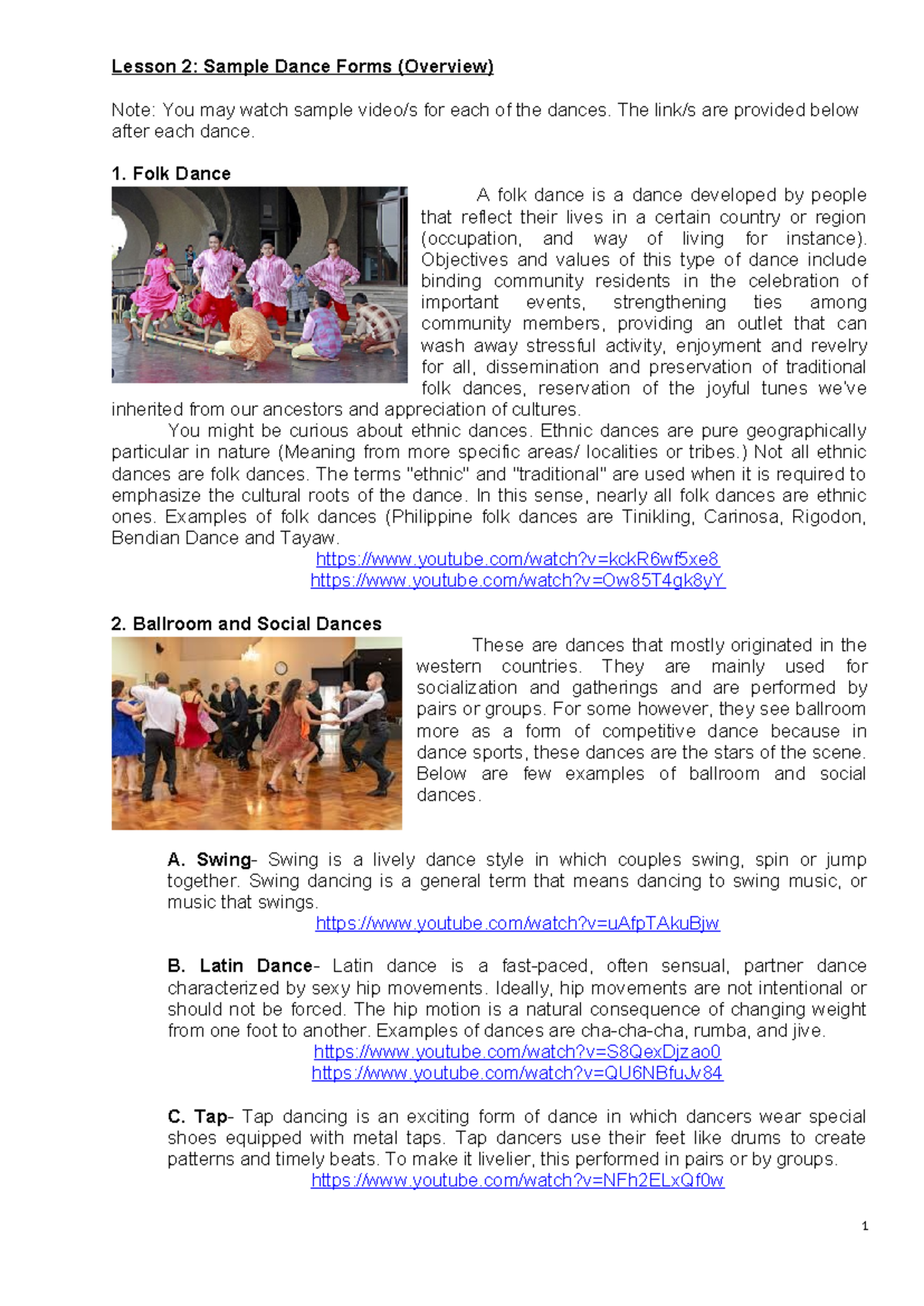 Lesson 2-5: Overview of Dance Forms and Techniques - Studocu