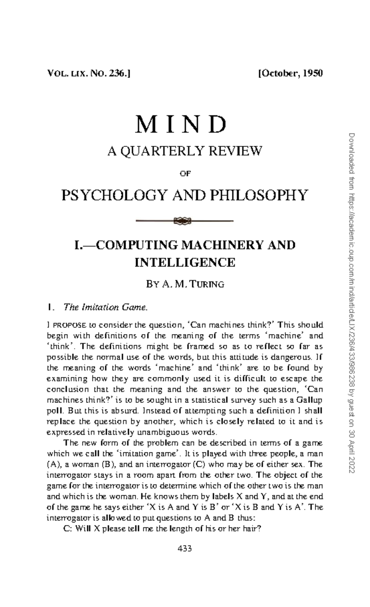 Turing - Computing Machinery and Intelligence - 433 VOL. LIX. NO. 236 ...