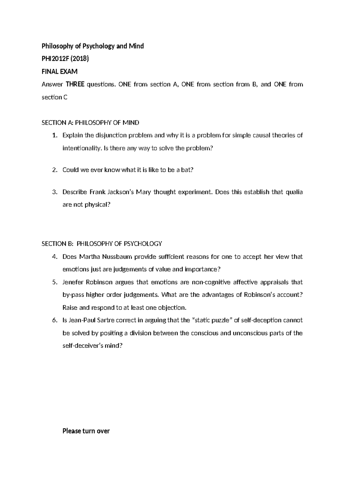 PHI2012F Final Exam - Mock Questions on Philosophy of Mind and Psyche ...