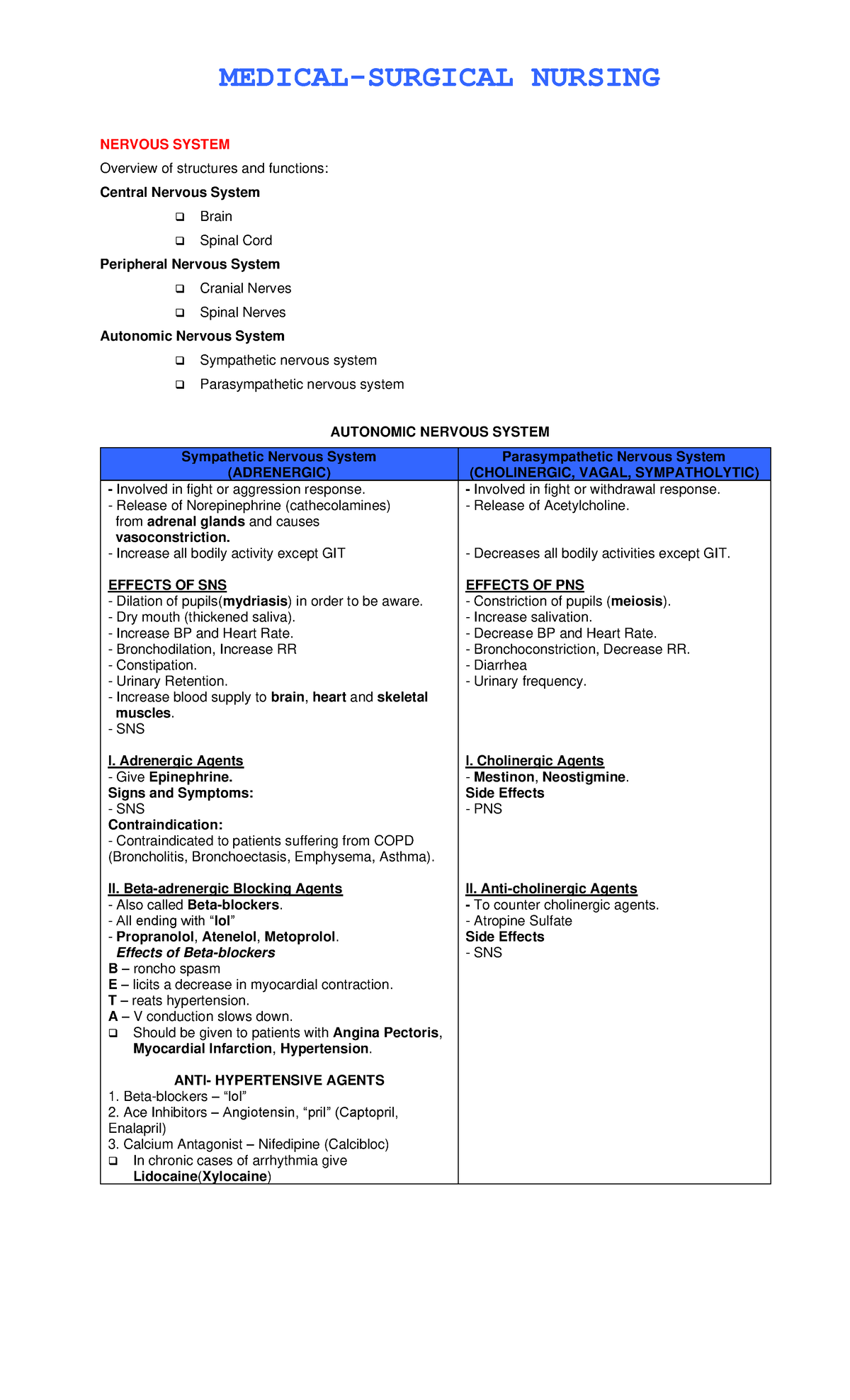MED-SURG Final Exam Review Notes on Nervous System & Disorders - Studocu
