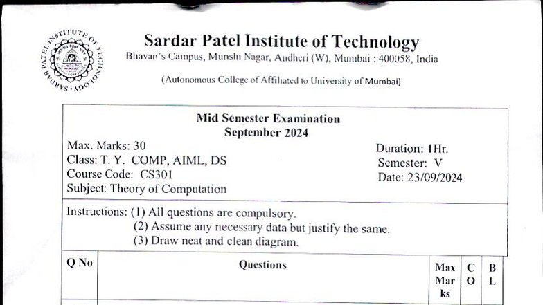 CS301 Mid Semester Exam: Theory of Computation - T.Y. COMP, Sem V - Studocu