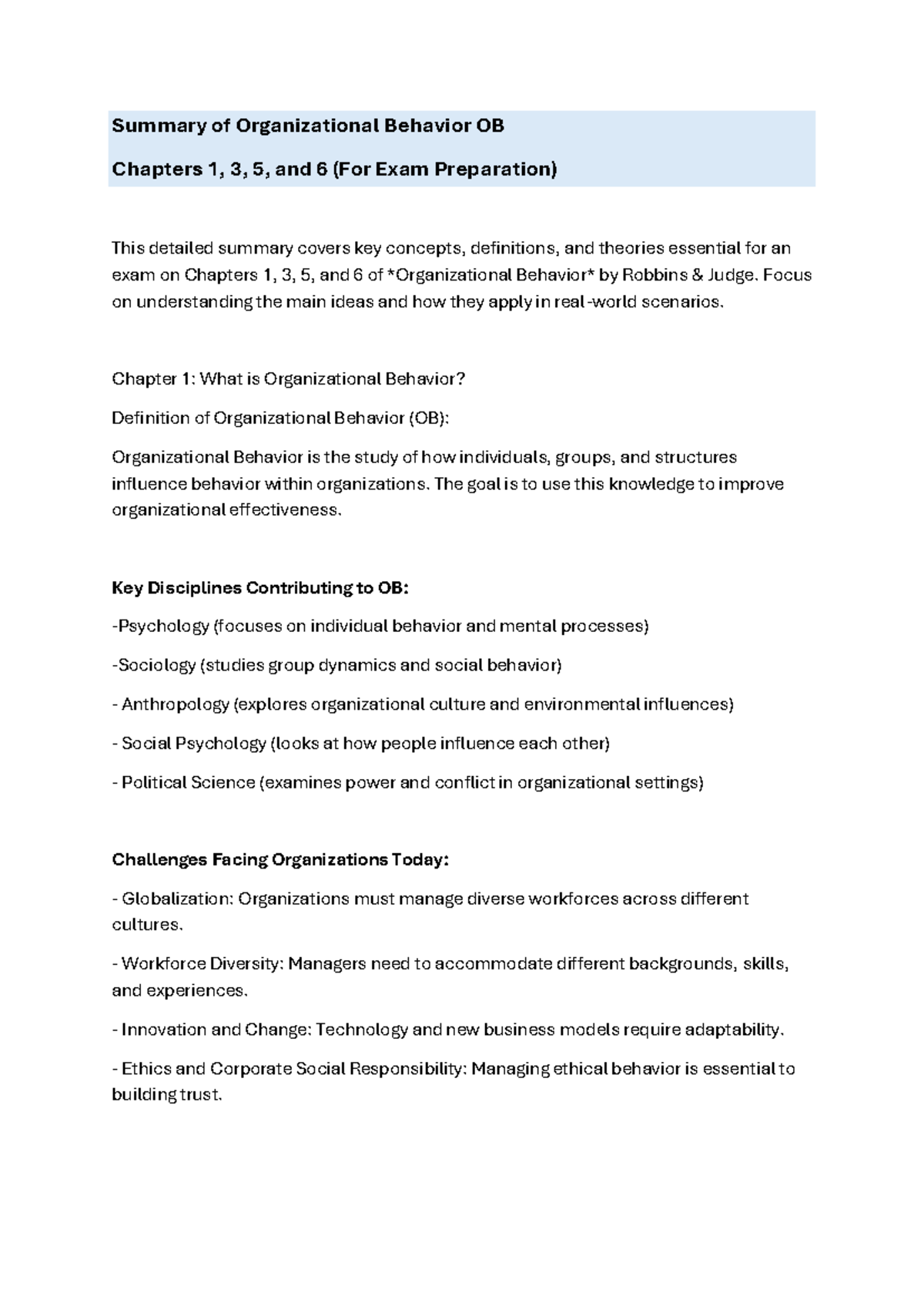 Summary of OB for Exam: Key Concepts from Chapters 1, 3, 5, and 6 ...