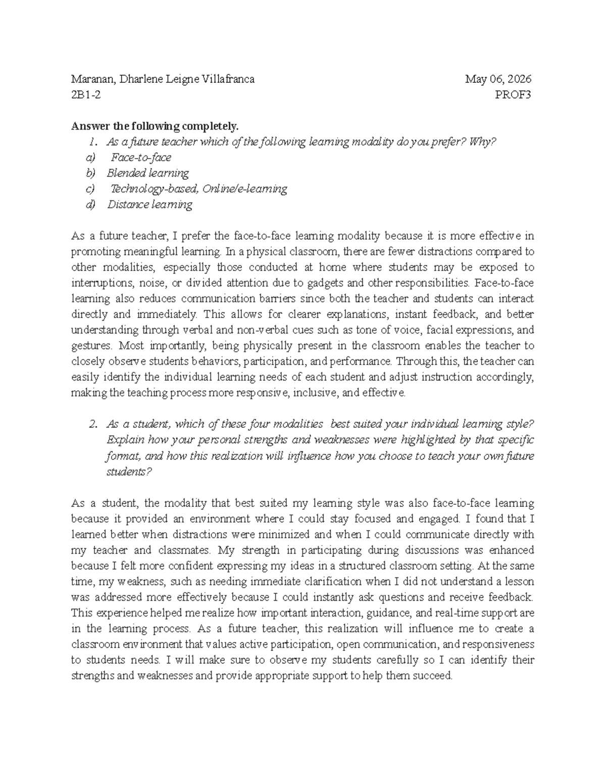 Reflection on Learning Modalities: Insights for Future Teaching (PROF3 ...