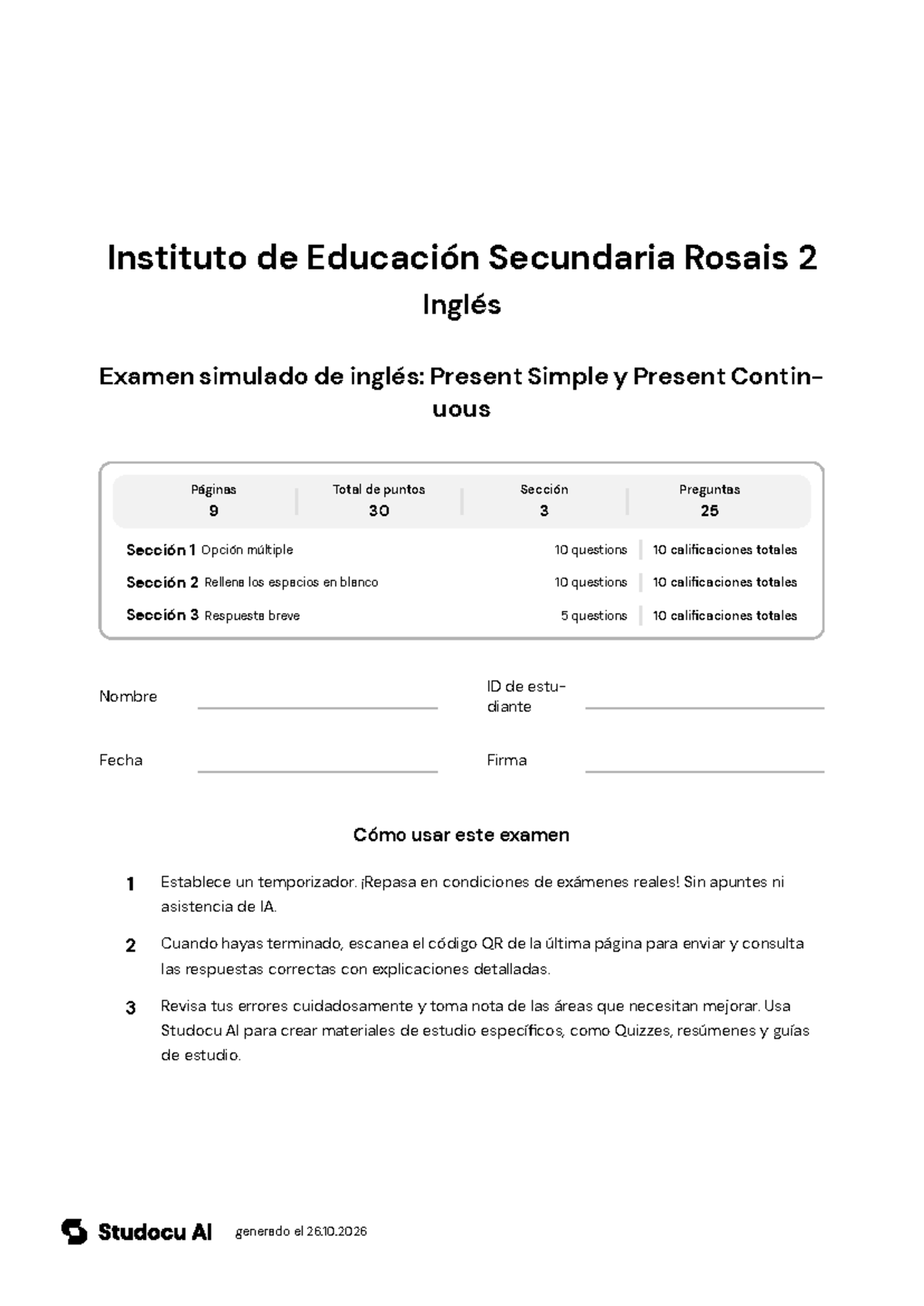 Examen Simulado de Inglés: Present Simple y Continuous - Studocu