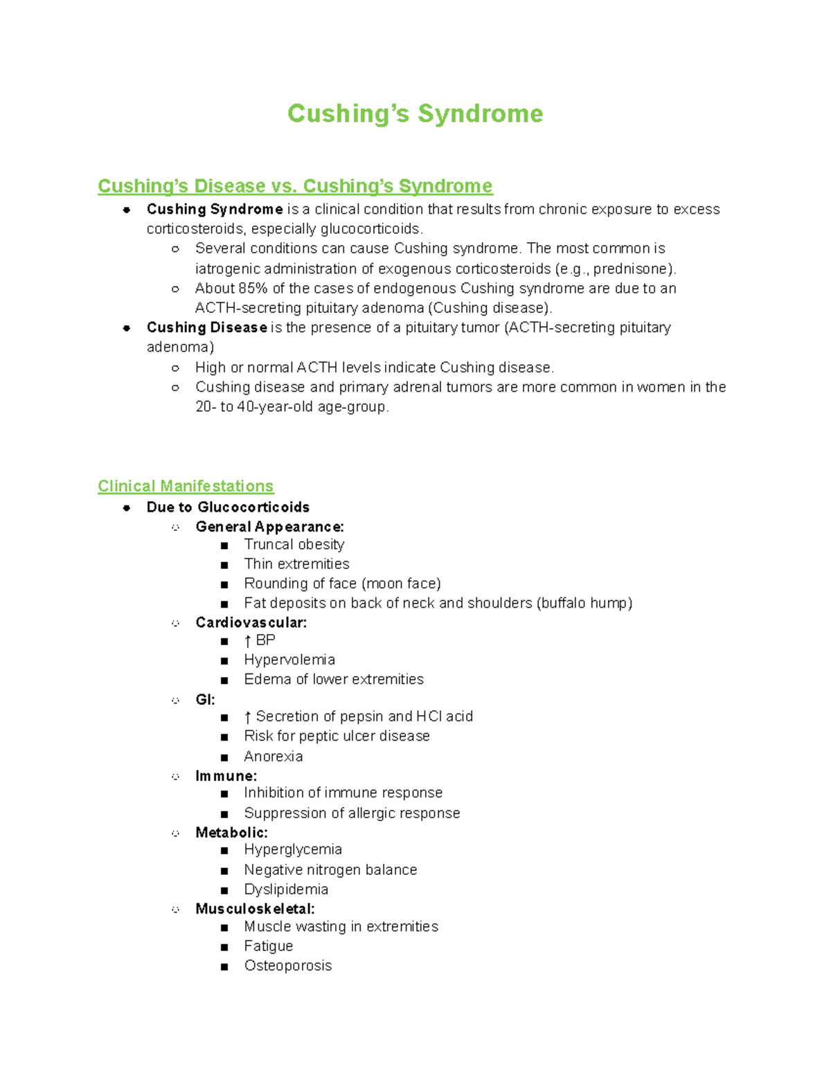 CUSH 101: Cushing Syndrome Nursing Care Notes and Management - Studocu