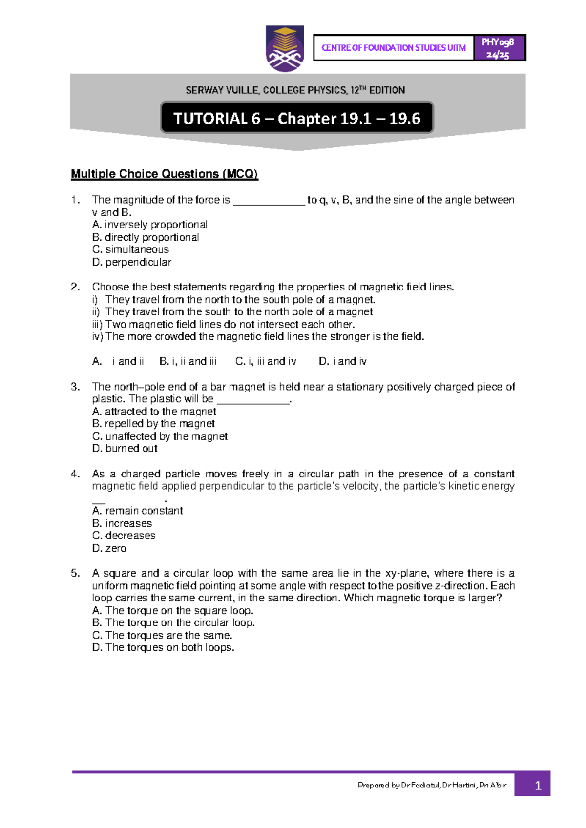 PHY098 Tutorial 6: MCQs & Structured Questions on Magnetism - Studocu
