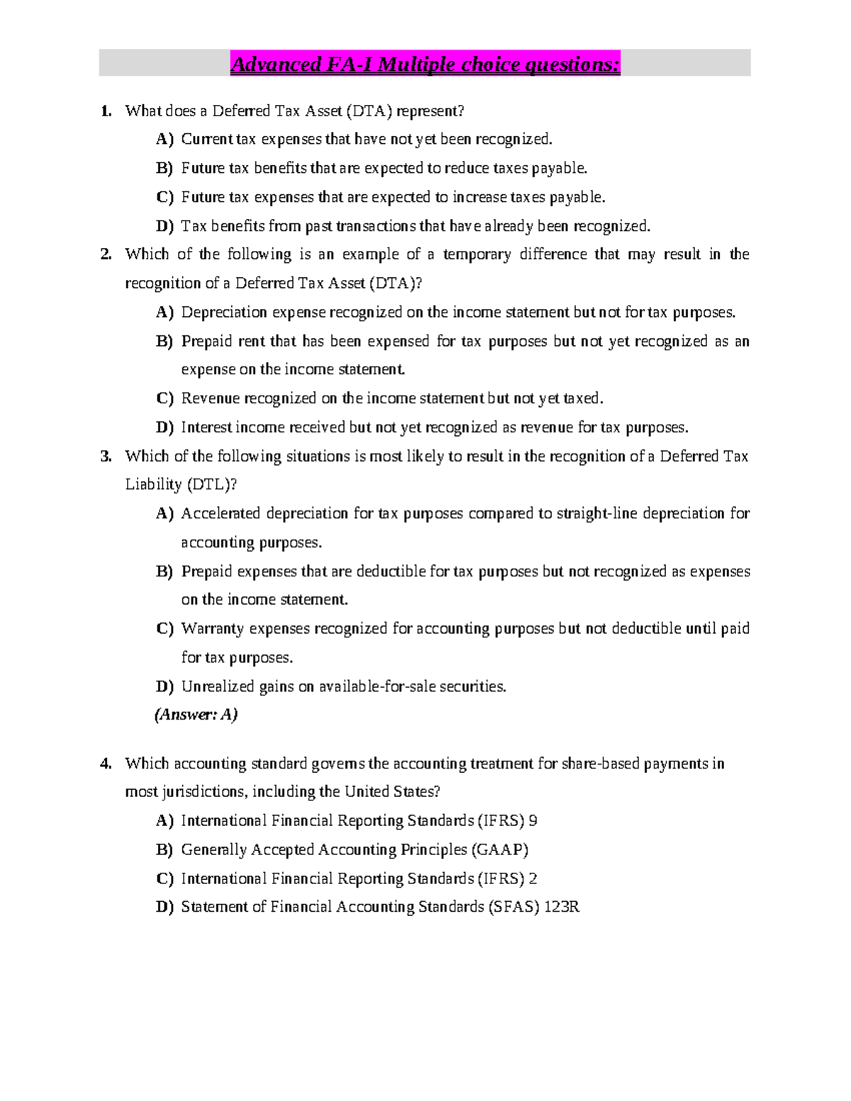 AFA-I Advanced MC Questions on Deferred Tax Assets and Liabilities ...