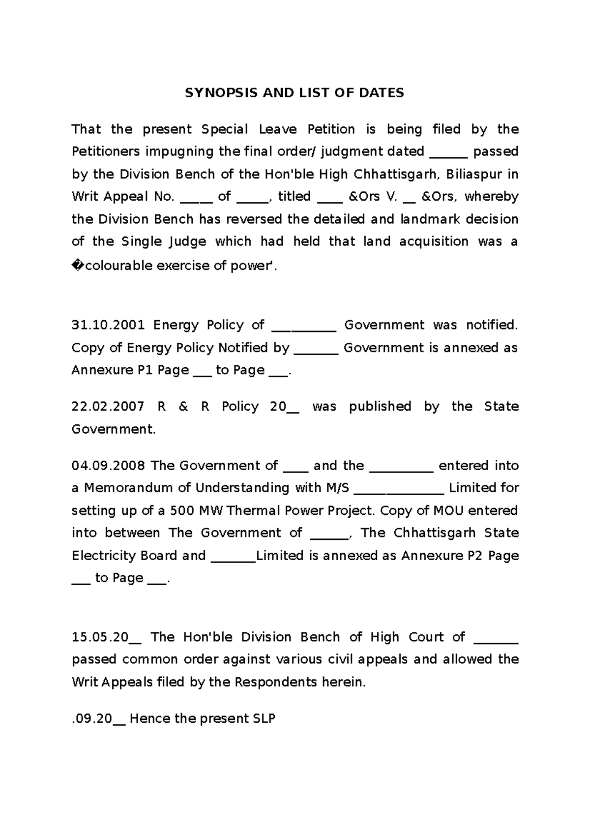 Special Leave Petition SLP: Synopsis and Dates for Hearing - Studocu