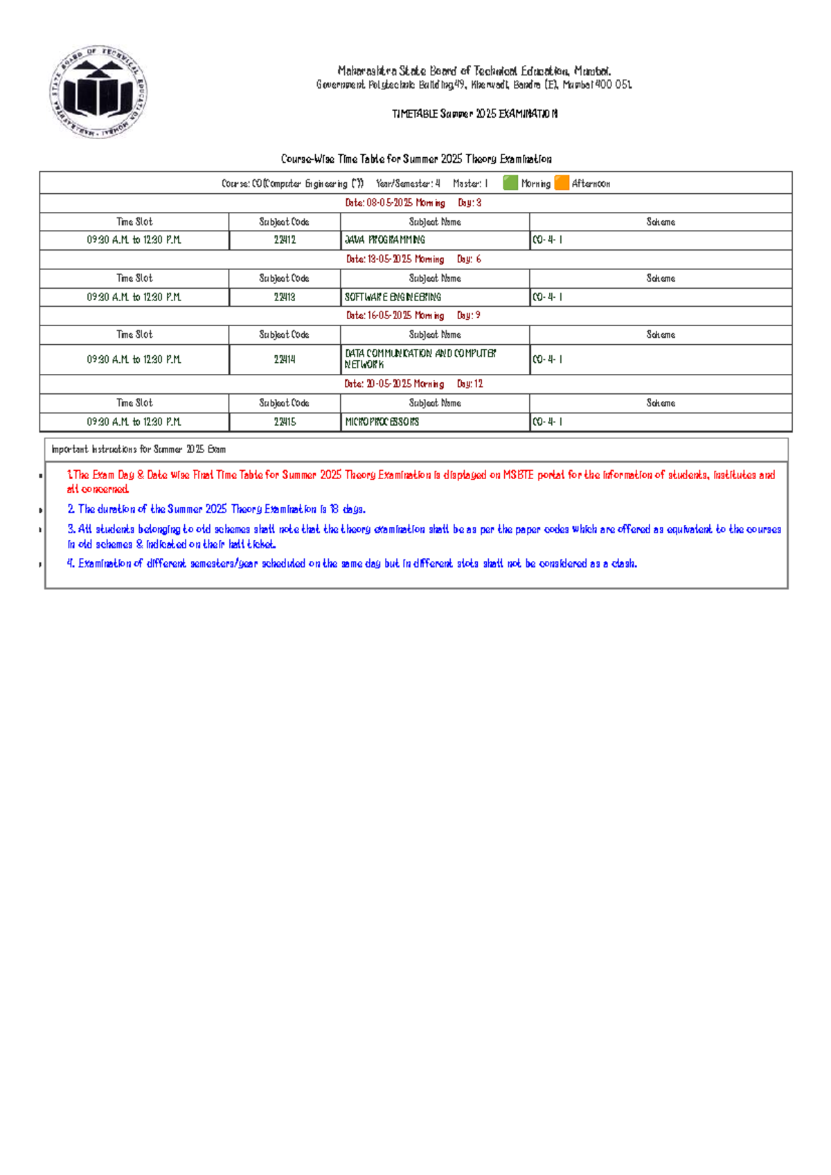 MSBTE CO 4th Sem Summer 2025 Exam Timetable for Theory Exams - Studocu
