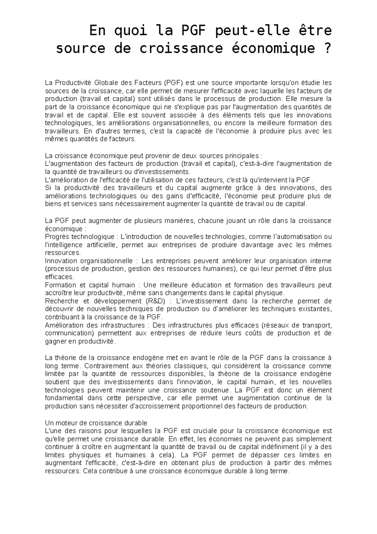 EC1 Corrigé : La PGF comme Source de Croissance Économique - Studocu