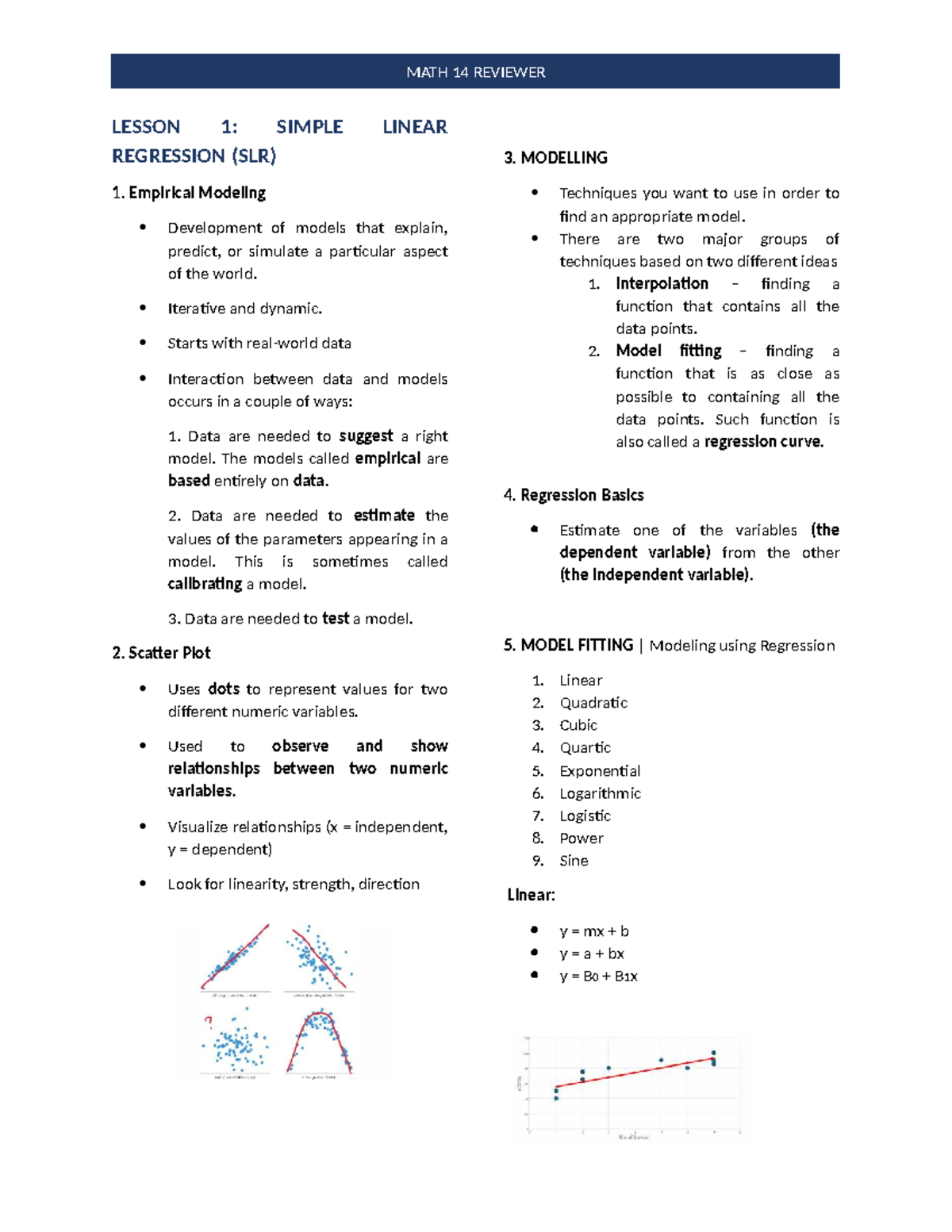 MATH 14 FINAL EXAM REVIEWER: SIMPLE REGRESSION & ANOVA - Studocu