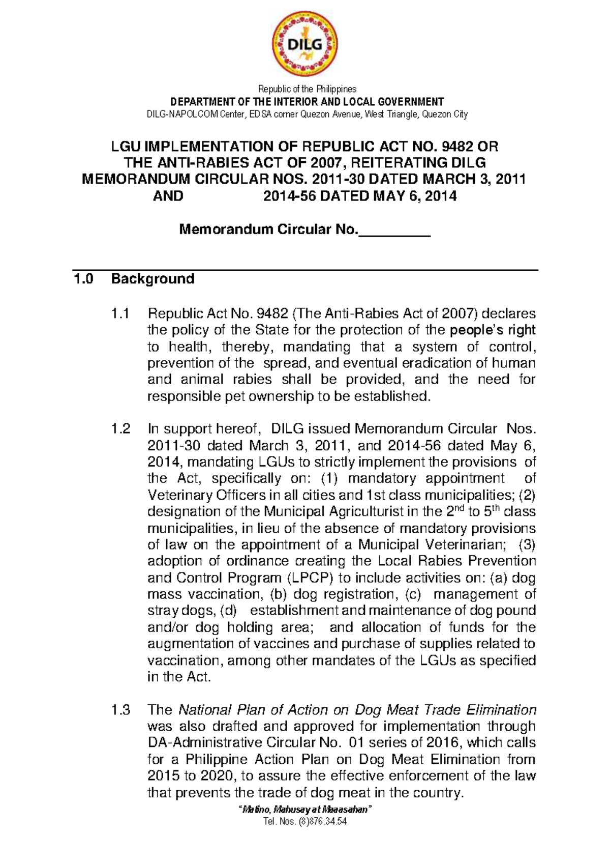 DILG Memorandum Circular on Implementing RA 9482: Anti-Rabies 2020-2025 ...