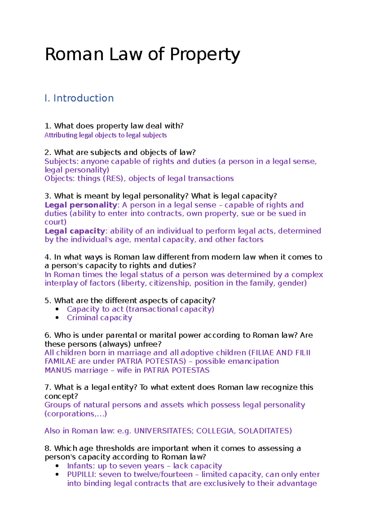 Roman Law of Property - Key Questions and Concepts Explained - Studocu