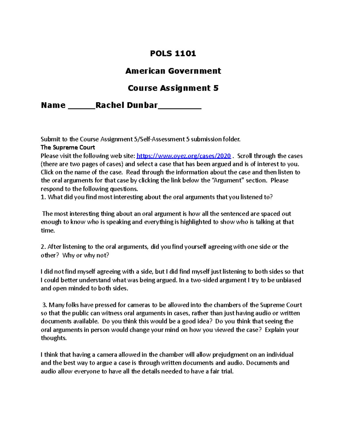POLS 1101 American Government Course Assignment 5: Supreme Court Cases ...