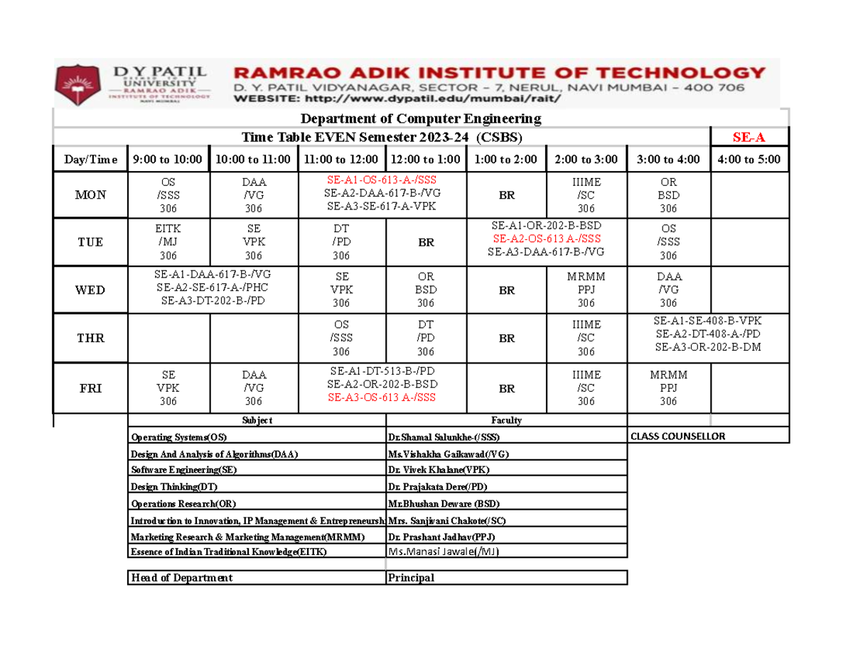 Department of Computer Engineering EVEN Semester Time Table (CSBS ...