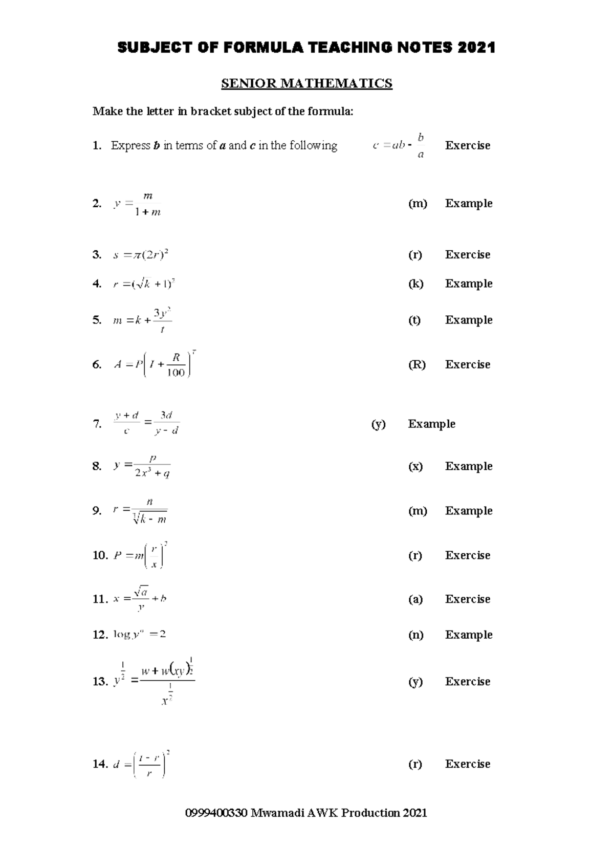 Senior Mathematics Teaching Notes: Subject of Formula 2021 - Studocu