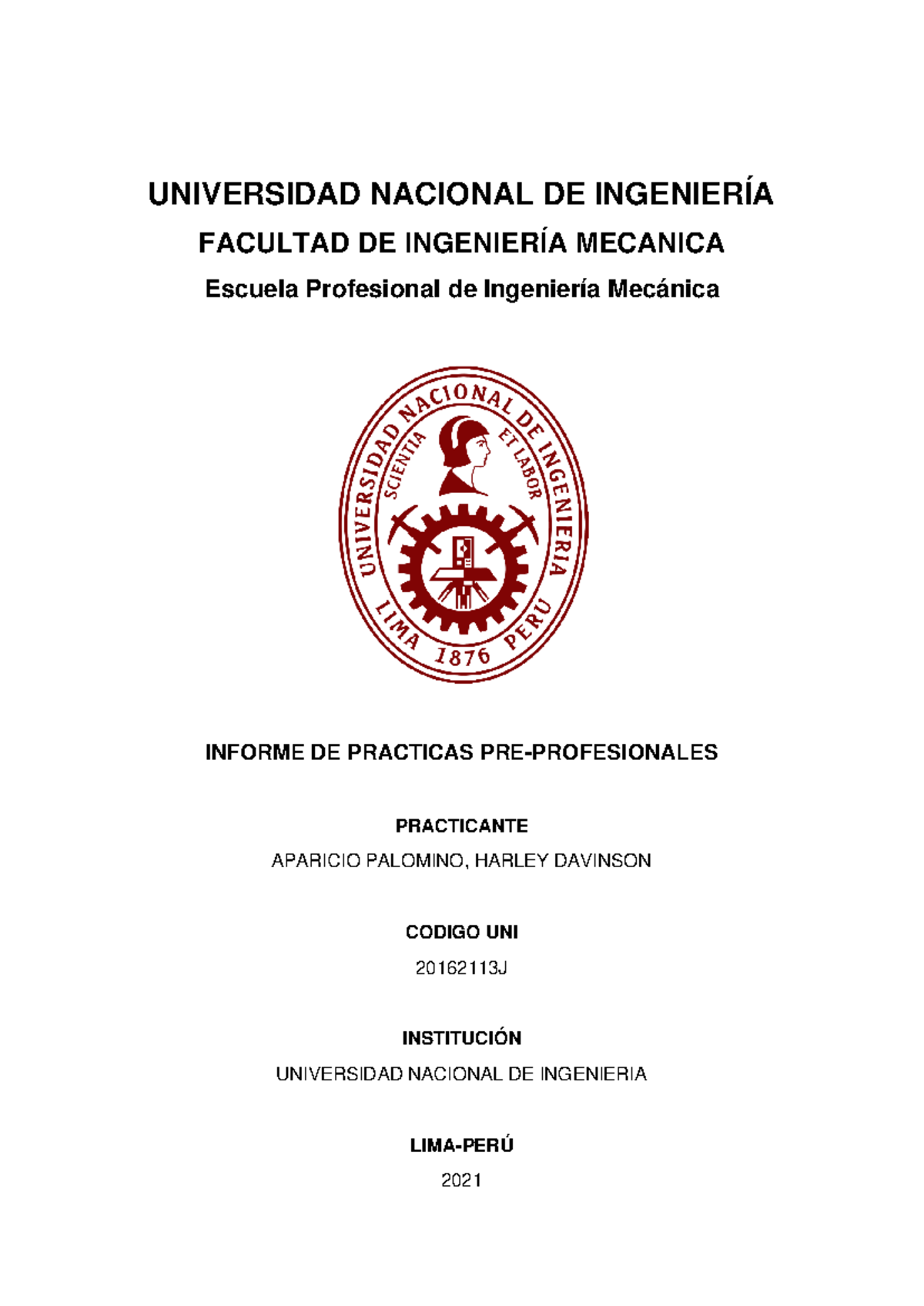 Informe de Prácticas Pre Profesionales - Cód. UNI 20162113J - Document Preview