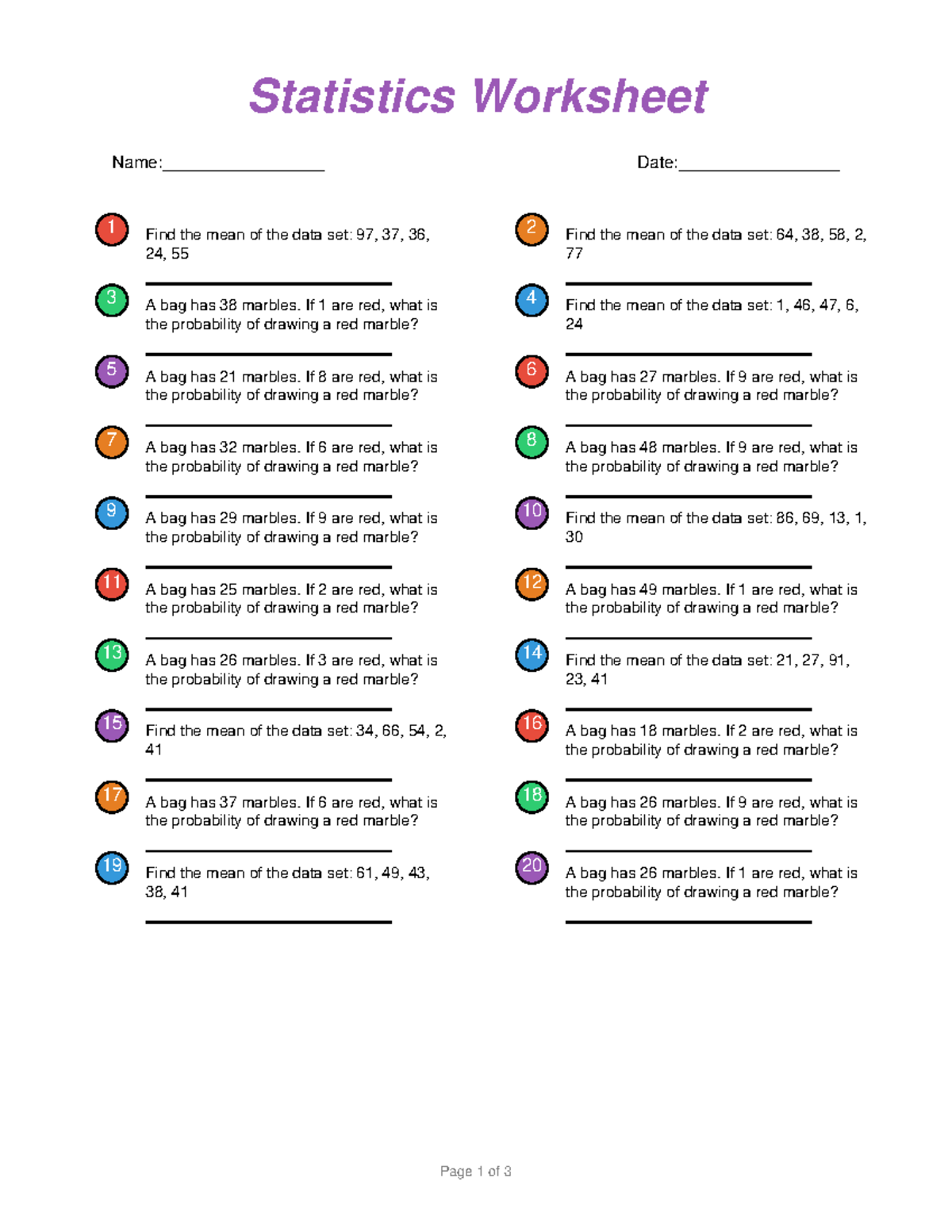 Statistics Worksheet 8: Mean & Probability Problems - Studocu