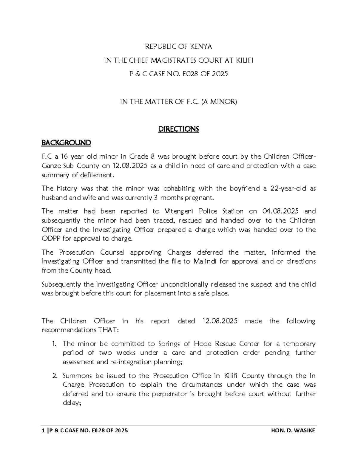 CASE NO. E028 OF 2025: F.C. (A MINOR) - Court Directions and ...