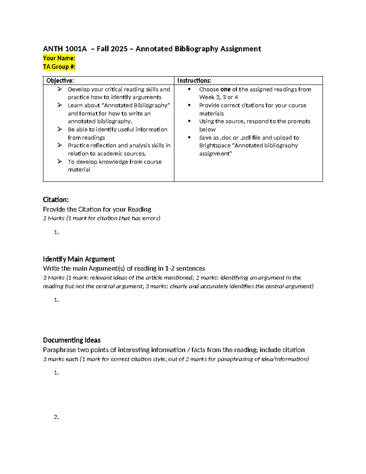 ANTH 1001A Fall 2025 Annotated Bibliography Assignment Guide - Studocu
