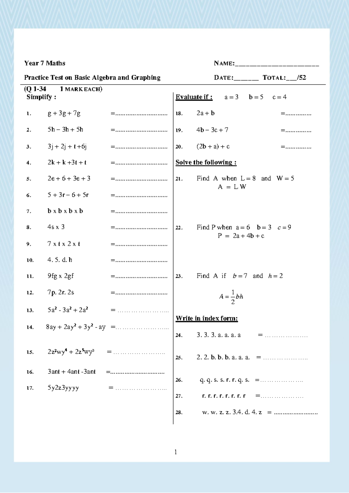 Year 7 Maths Stage 7 Algebra Practice Test Set 2 - Studocu