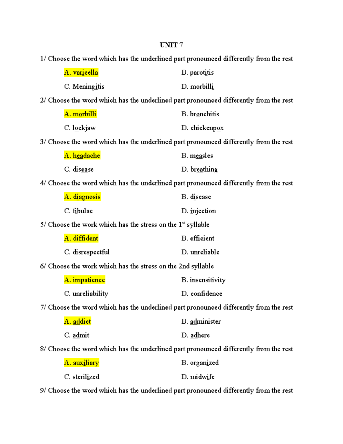 UNIT 7 & 8 Vocabulary and Pronunciation Practice for Medical Terms ...
