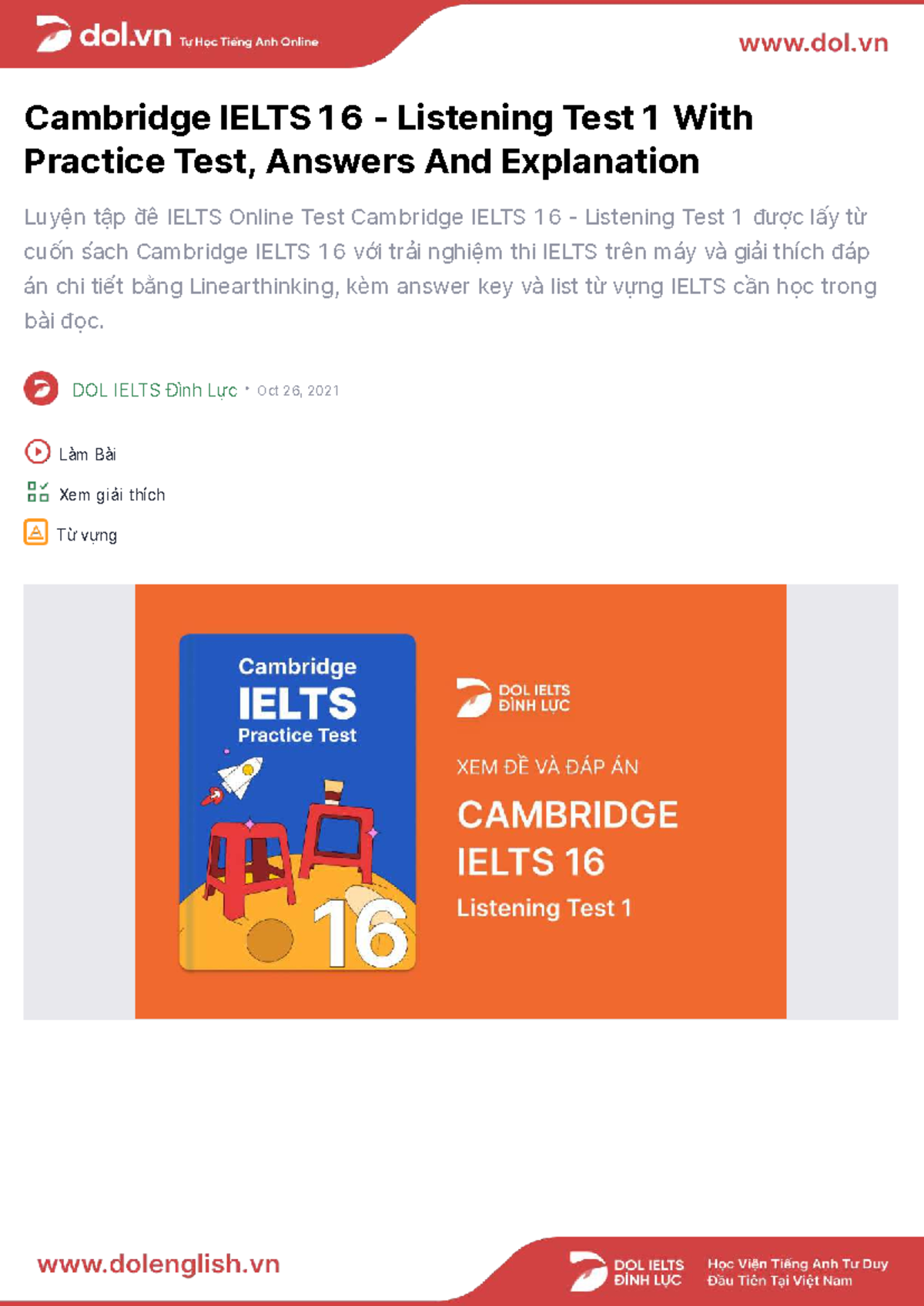Cambridge IELTS 16 Listening Test 1 - Vocabulary & Answers Guide - Studocu