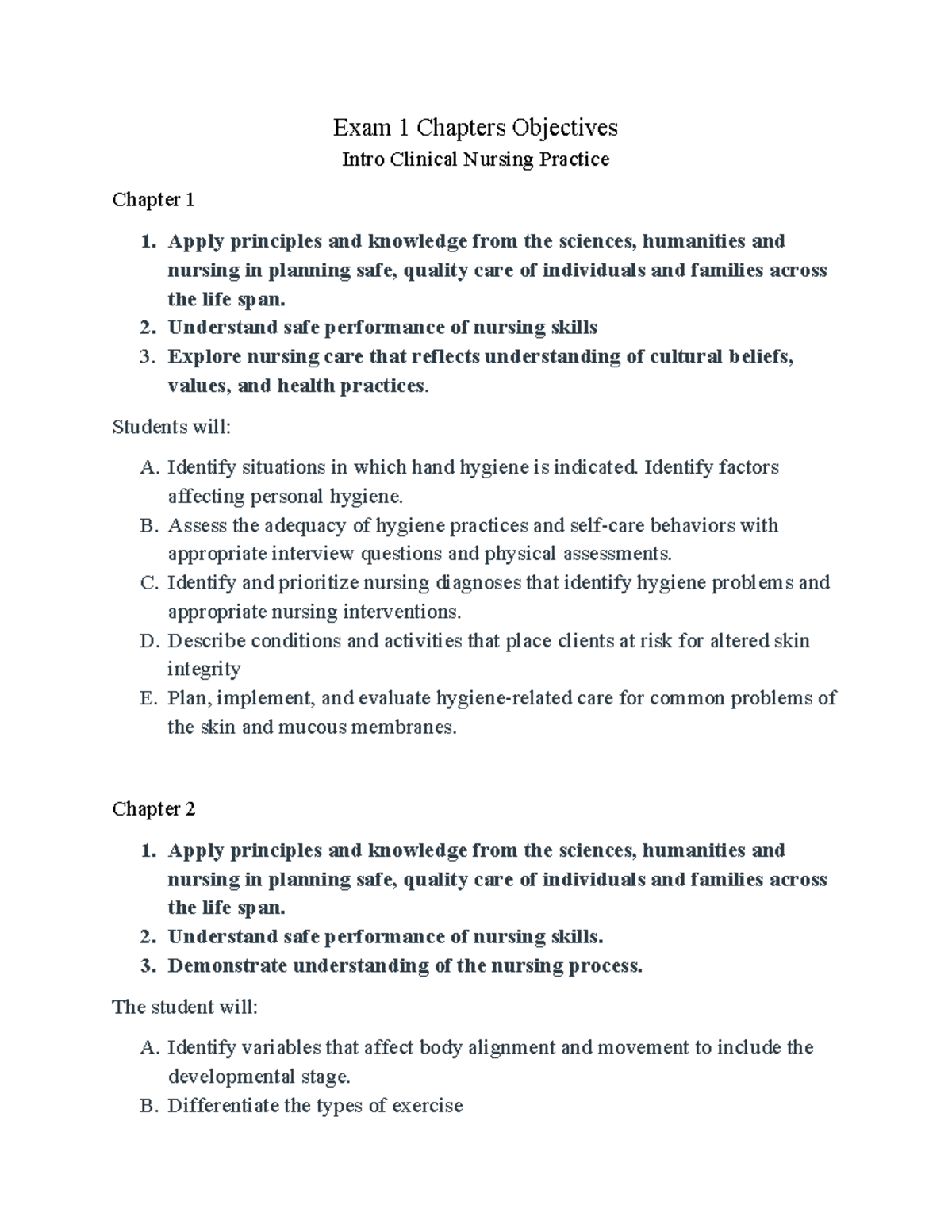 Exam 1 Objectives: Clinical Nursing Practice Chapters 1 & 2 - Studocu