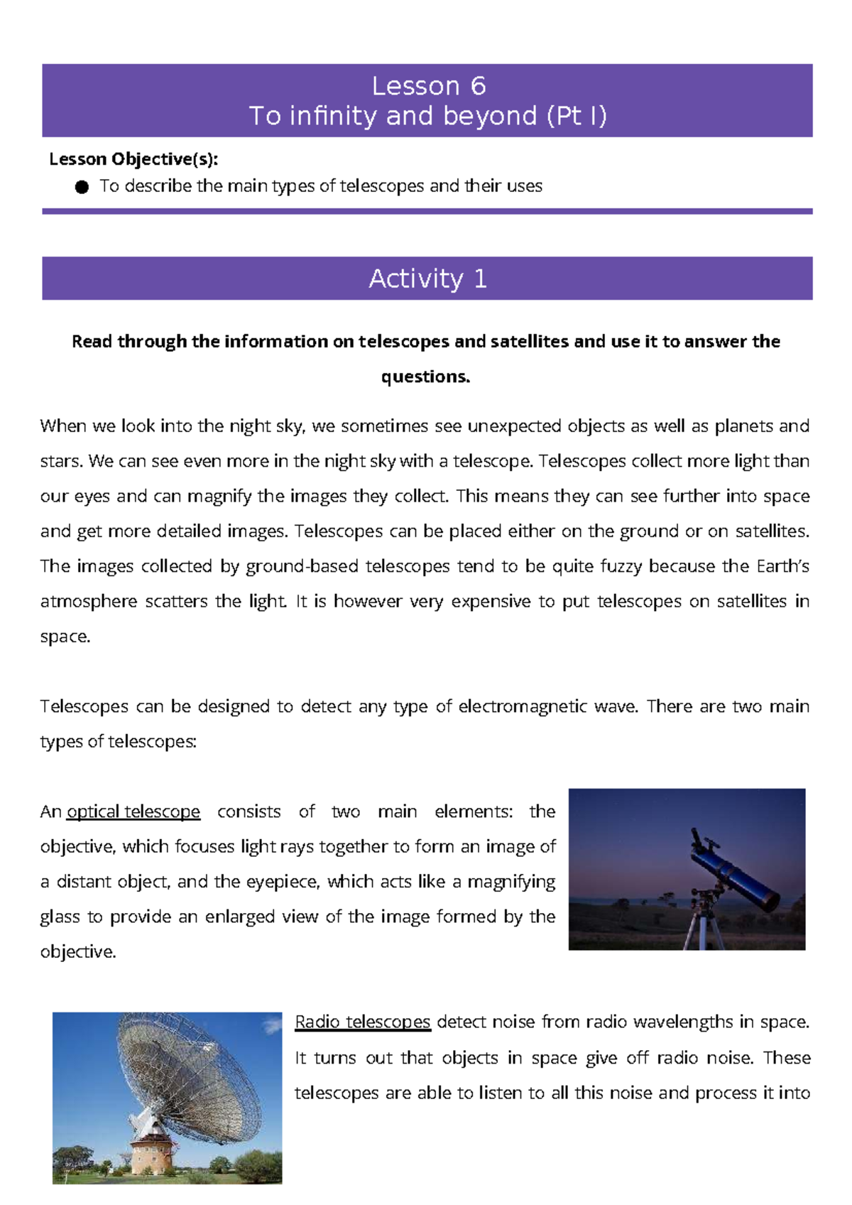 Lesson 6: Telescopes and Their Uses (To Infinity and Beyond Pt I) - Studocu