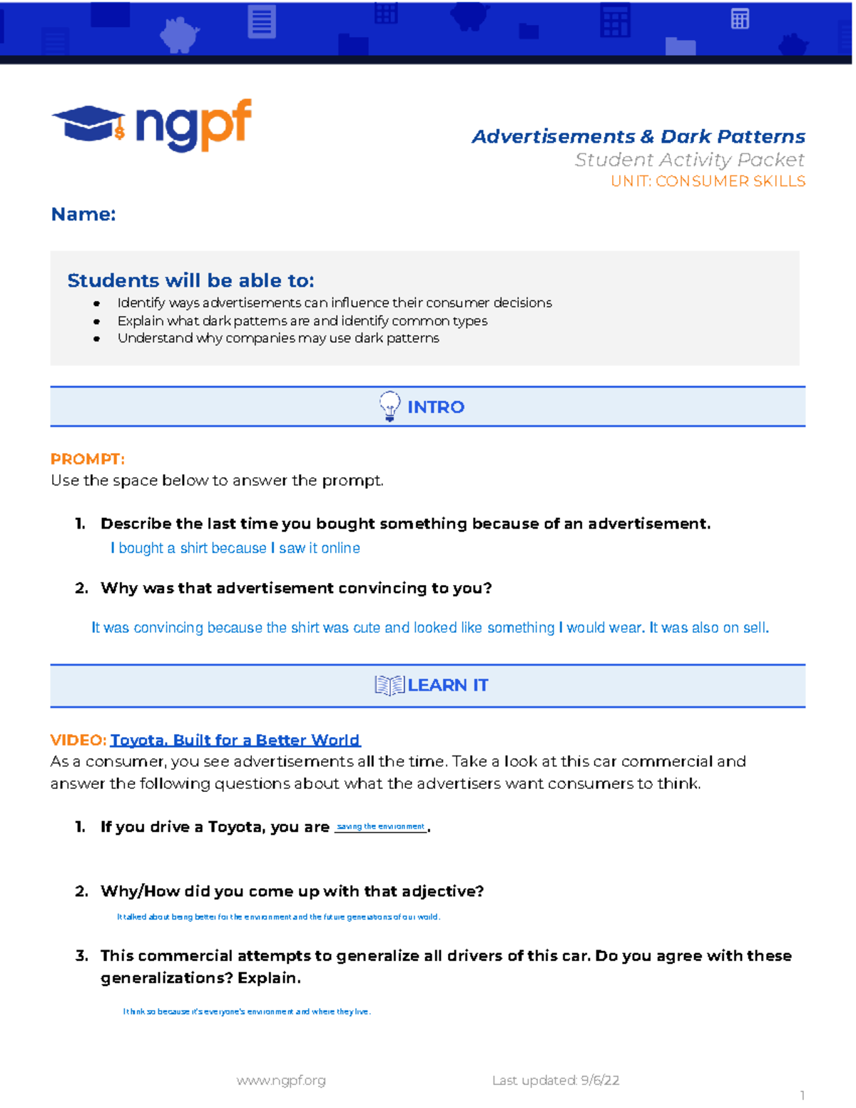 Advertisements & Dark Patterns Activity Packet: Consumer Skills Unit ...