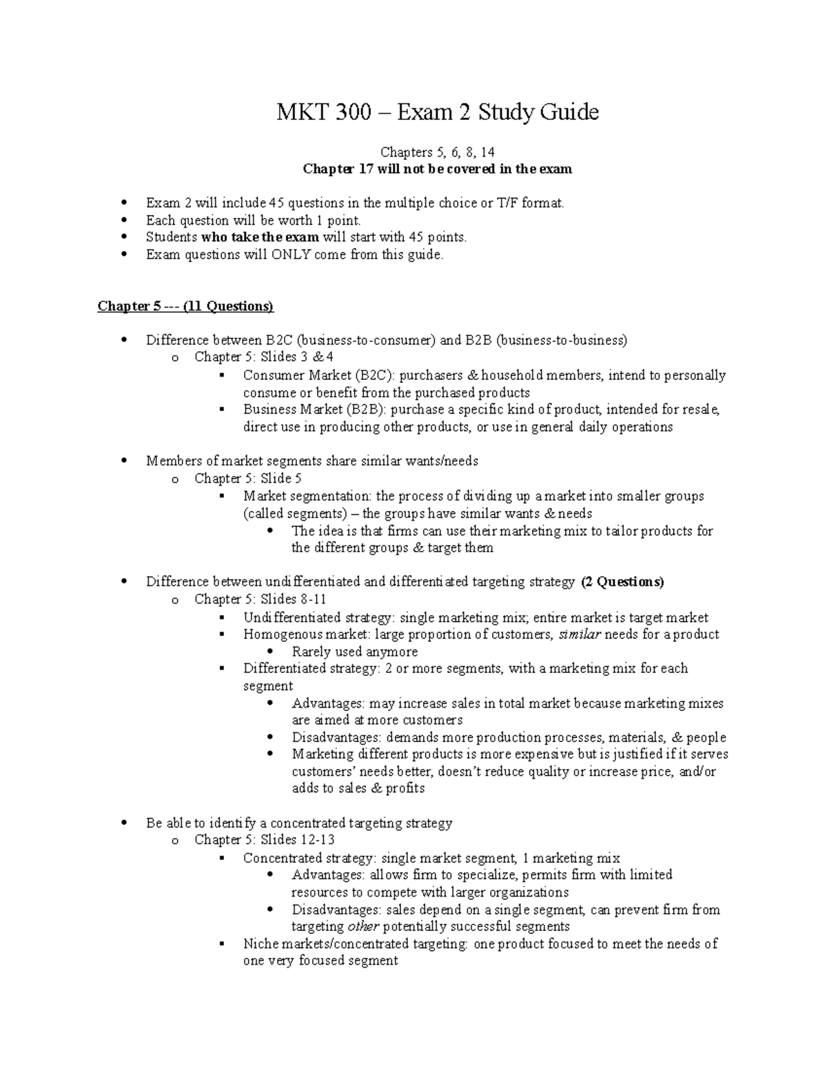MKT 300 Exam 2 Comprehensive Study Guide for Chapters 5, 6, 8, 14 - Studocu