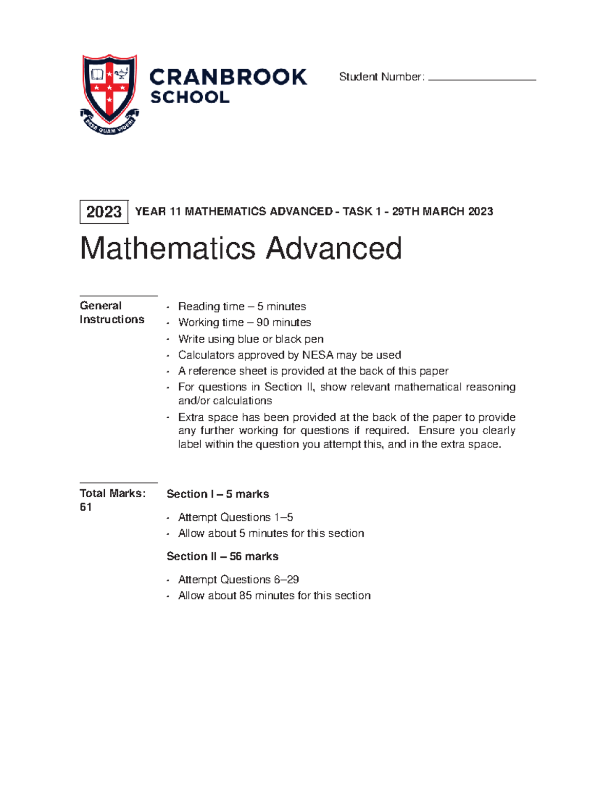 2023 Year 11 Mathematics Advanced Task 1 - Final Exam - Studocu