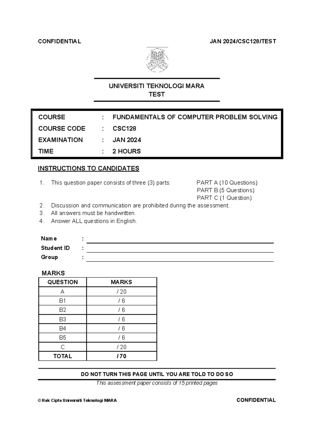 Past Year Test CSC128: Fundamentals of Computer Problem Solving Exam ...