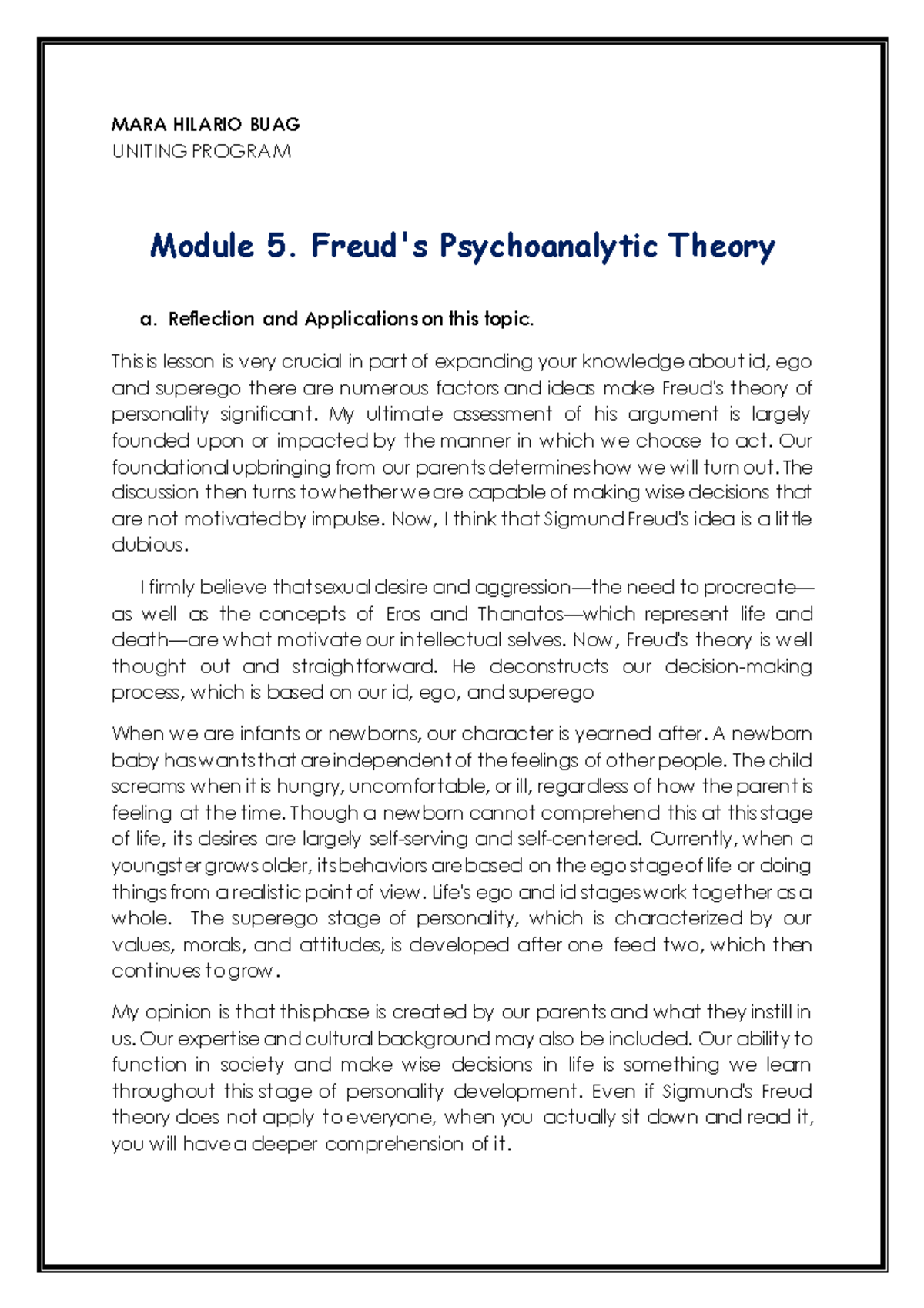 Module 5: Insights on Freud's Psychoanalytic Theory and Applications ...