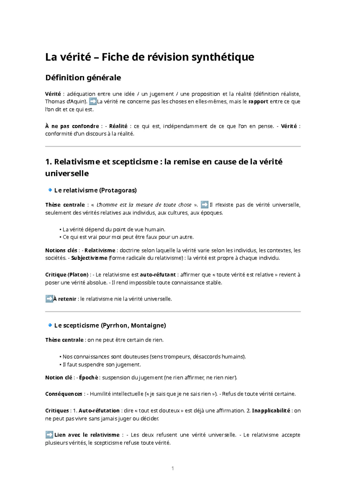 Fiche de Révision Synthétique : La Vérité en Philosophie (PHI-2) - Studocu