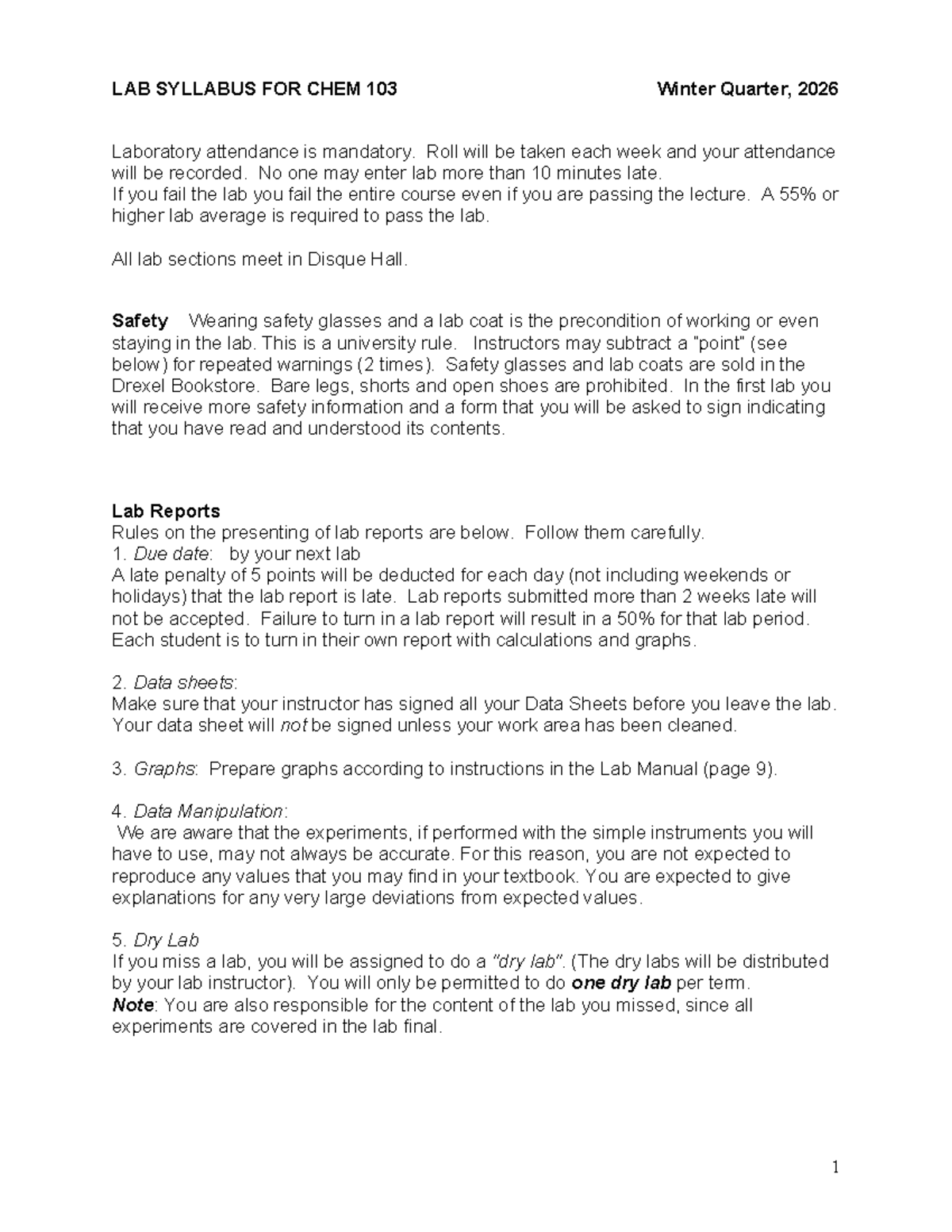 Lab Syllabus for CHEM 103 - Winter Quarter 2026 - Studocu