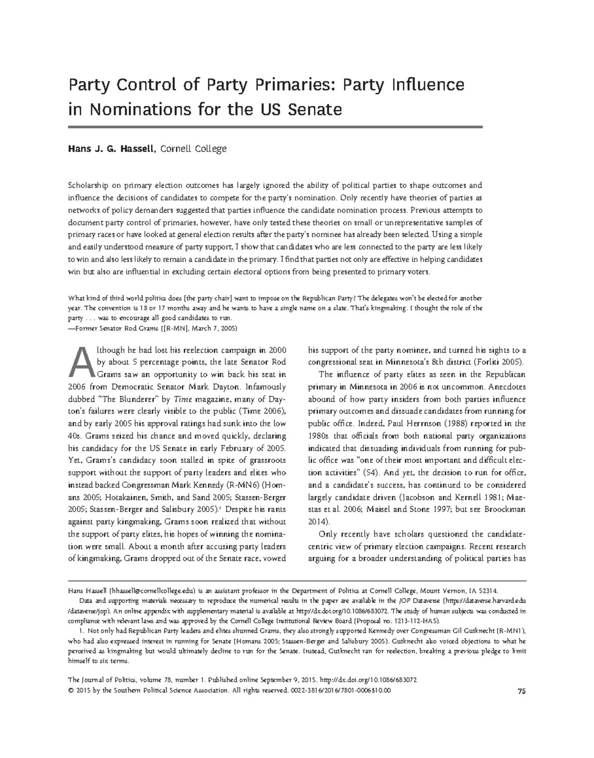 Party Control in US Senate Primaries: Examining Party Influence and ...