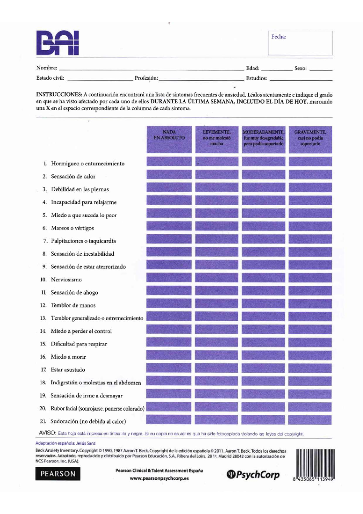 BAI- Inventario de Ansiedad de Beck - Instrucciones y Síntomas - Document Preview