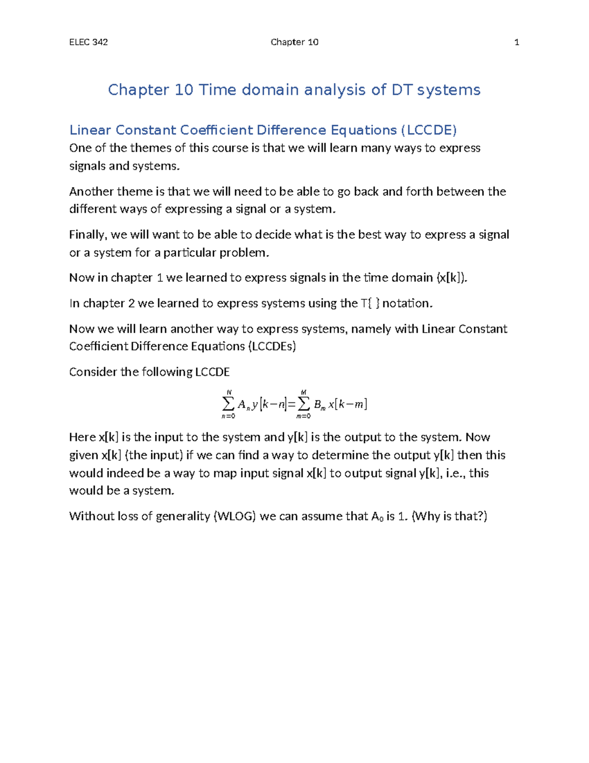 ELEC 342 Chapter 10: Time Domain Analysis of DT Systems and LCCDEs ...