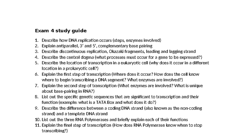 Exam 4 Study Guide: DNA Replication, Transcription & Gene Expression ...