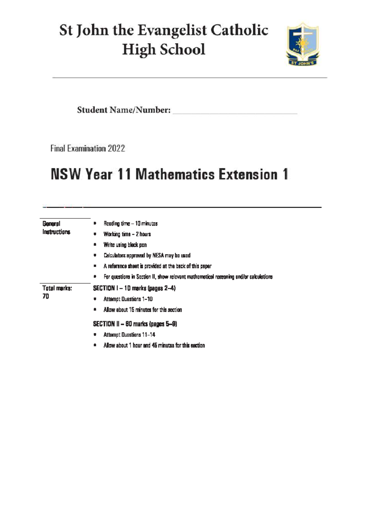 2022 NSW Year 11 Mathematics Extension 1 Final Exam Questions - Studocu
