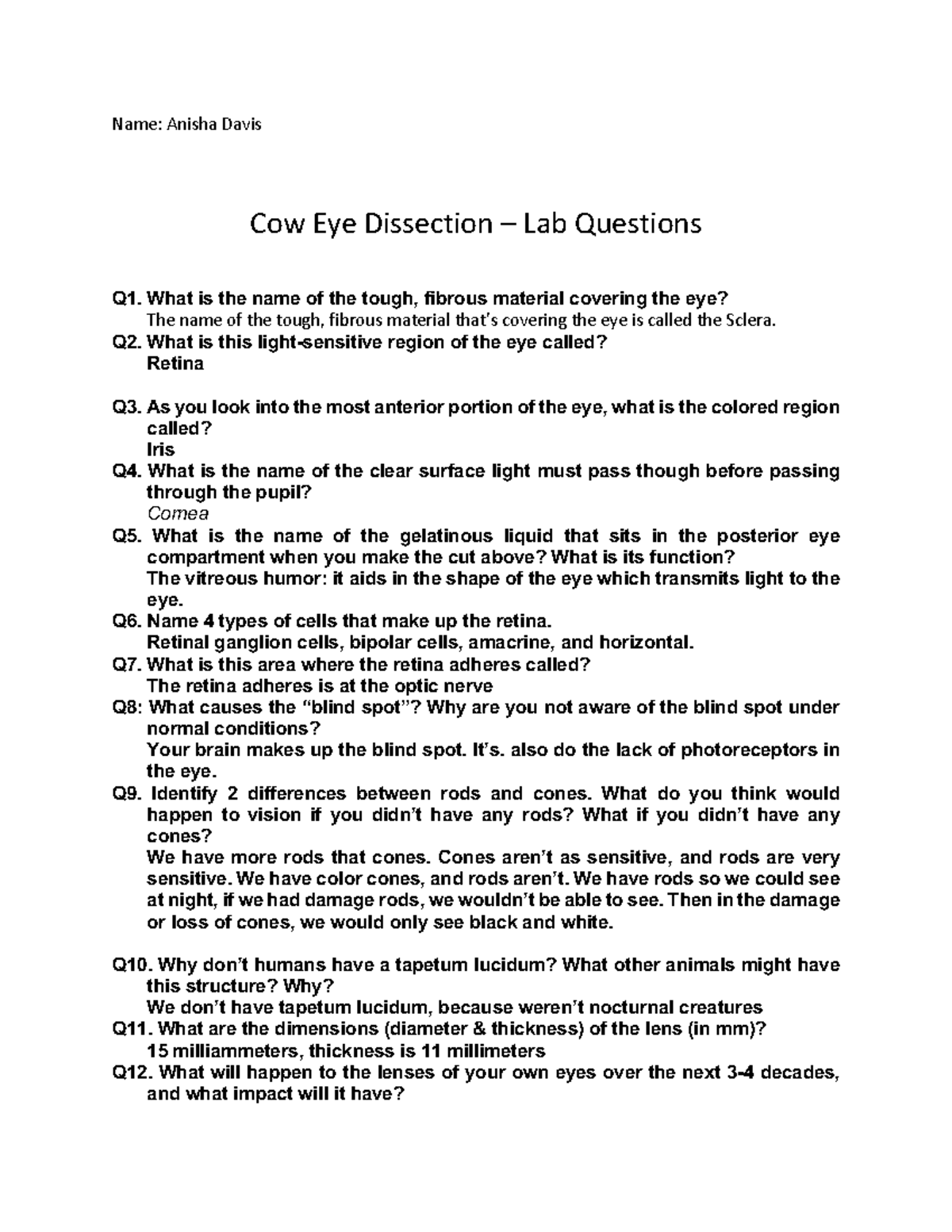 Cow Eye Dissection Lab Questions - Anatomy & Physiology Guide - Studocu