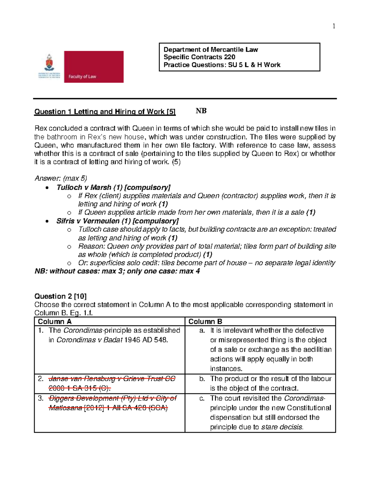 KTH 220 SU 5 LH Practice Questions on Letting and Hiring of Work - Studocu