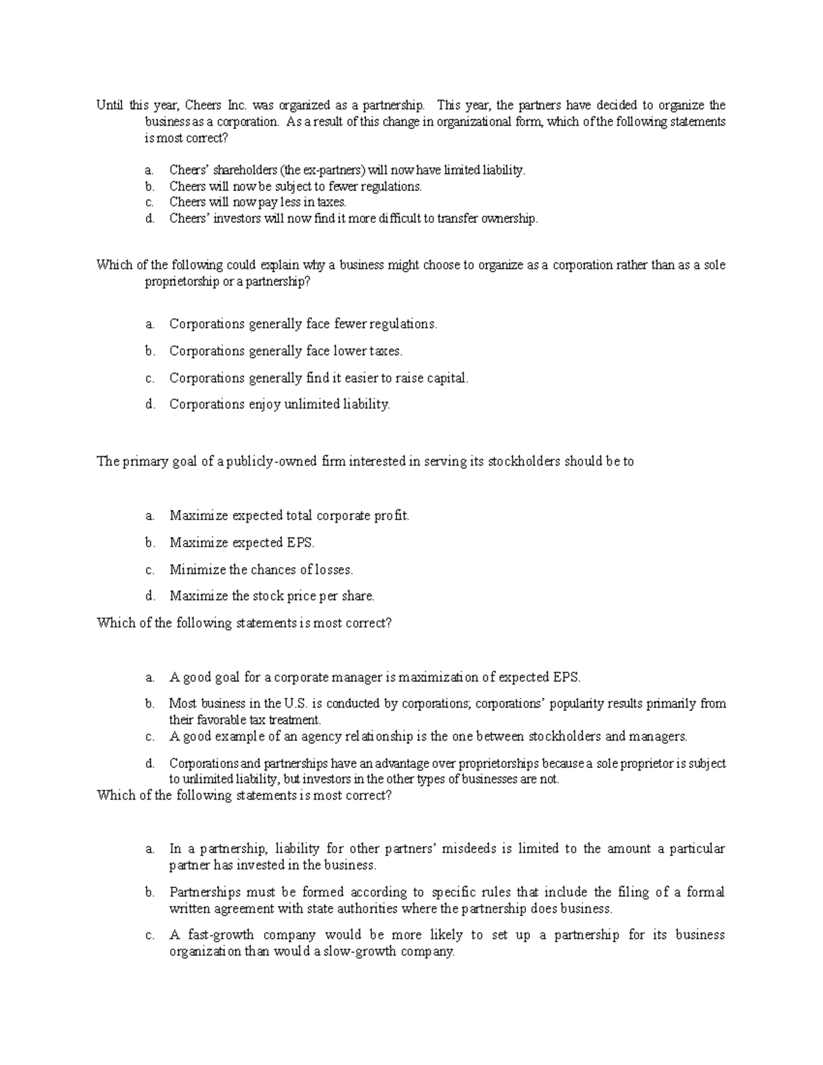 FIN 101: Introduction to Finance Quiz Practice Questions - Studocu