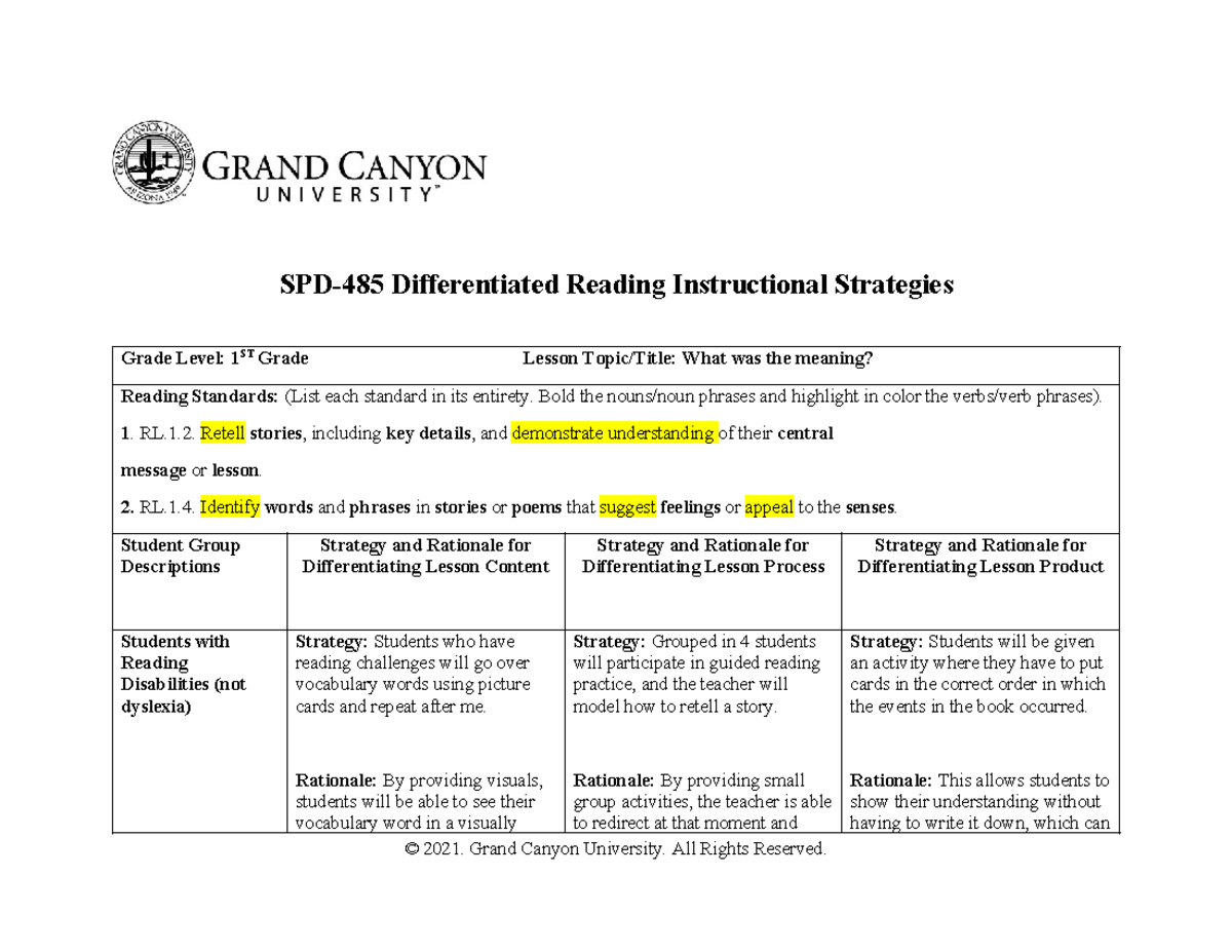 SPD-485 Lesson Plan: Differentiated Reading Strategies for 1st Grade ...