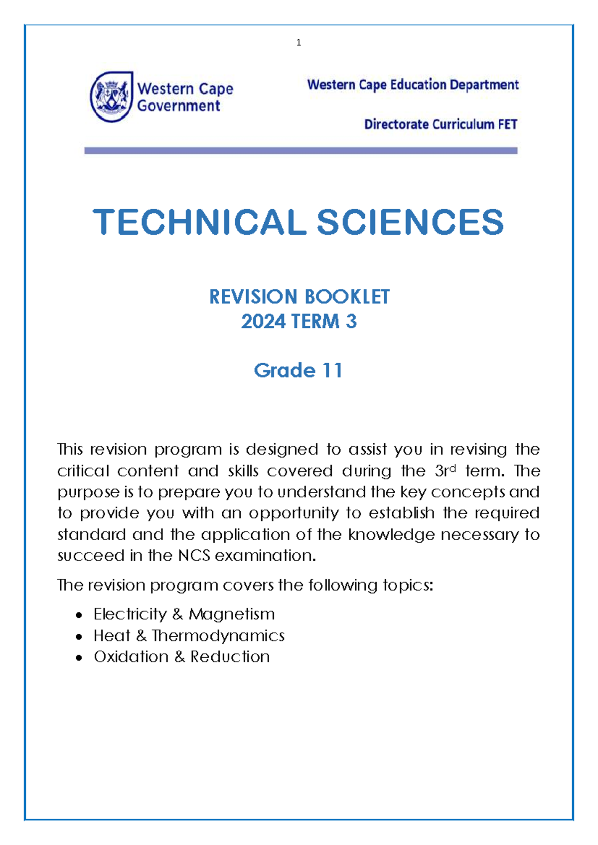 WCED Technical Sciences Gr 11 Revision Booklet 2024: Term 3 Guide - Studocu